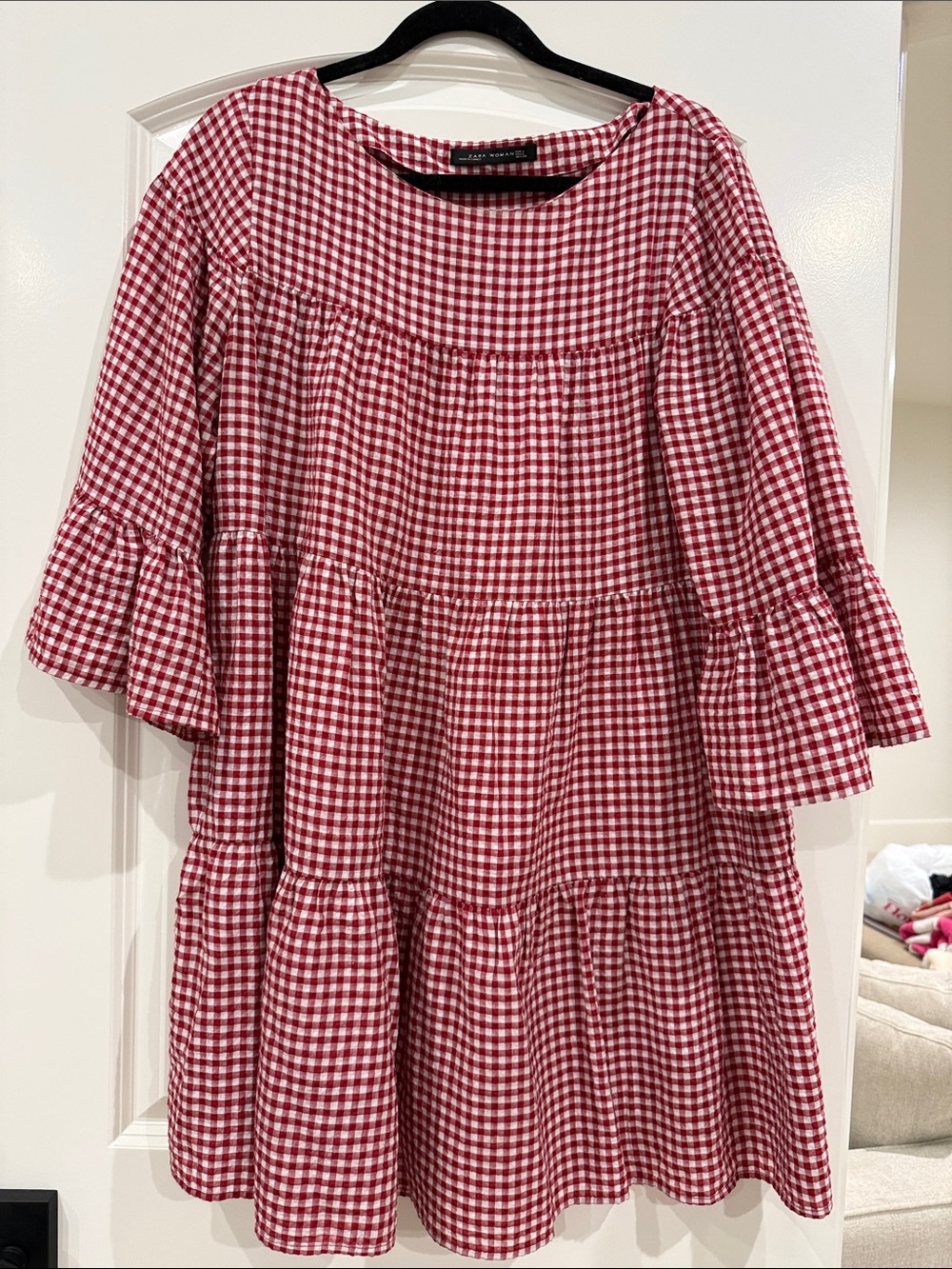 Zara Gingham Tiered Dress Bell Sleeves